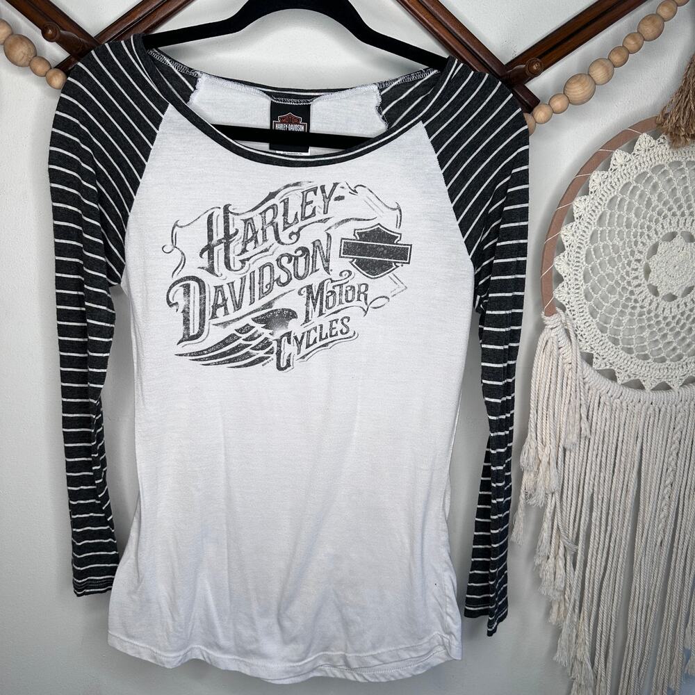 Harley Davidson Stripe Sleeve Wide Neck Raglan T
